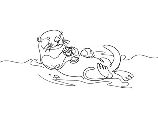 Obraz premium A cute otter floats on its back in water while holding a seashell and a stone for cracking it open