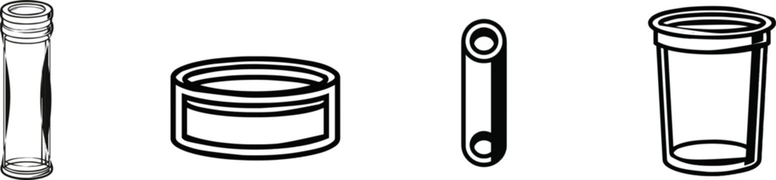 A minimalist flat vector icon of a cylindrical concrete testing material core mold cylinder container in black and white, featuring clean bold lines and clear contours on a pure solid white background
