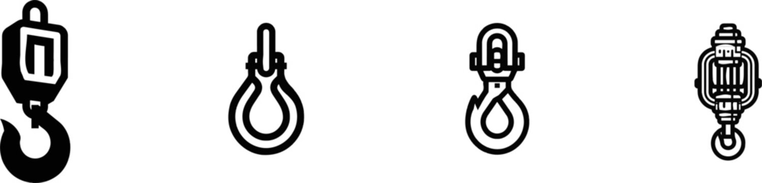A minimalist flat vector icon of a heavy-duty rigging crane hook block in black and white, featuring clear contours and simple geometric shapes against a clean white background