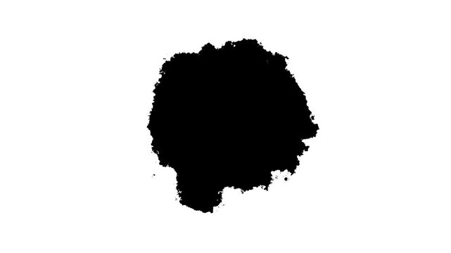 Black ink blot expanding on white background, organic liquid splatter transition effect