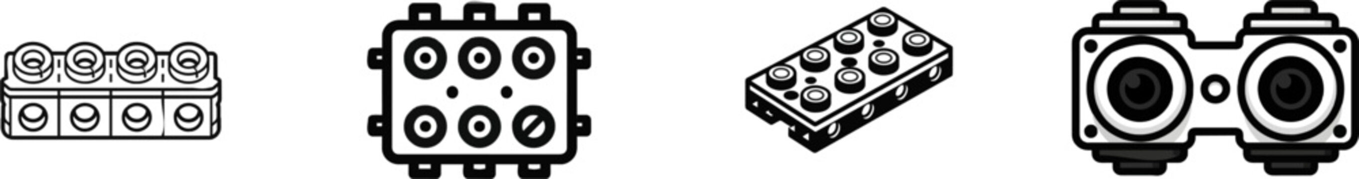 A minimalist flat vector icon of a heavy industrial high-current electrical copper busbar terminal block features clean bold lines, clear contours, simple geometric shapes, and is isolated on a pure