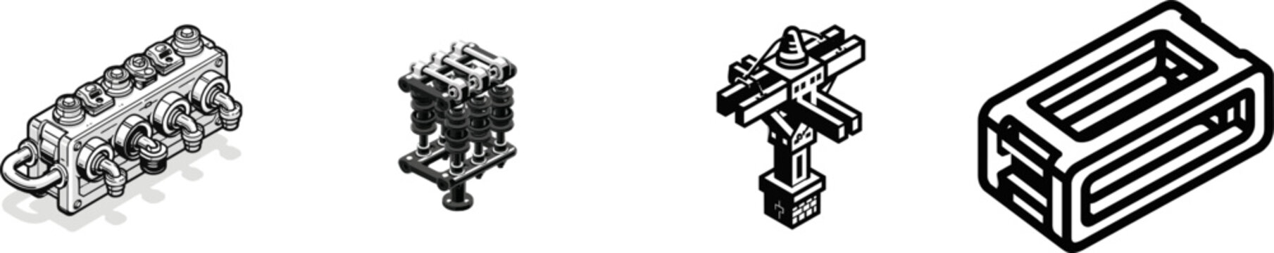 A minimalist flat vector icon of a high-voltage electrical fuse link cutout assembly frame in black and white features clean bold lines and clear contours on a pure solid white background
