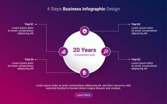 Modern 4-step business infographic template featuring a central circular milestone design with four connected information points arranged in a clean and professional layout.