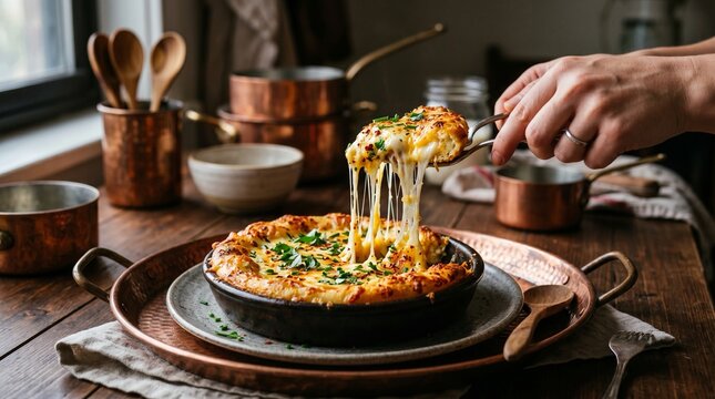 A hand lifts a slice of hot cheesy bread from a rustic cast iron skillet on a wooden table showcasing long gooey melted cheese strings in a warm inviting kitchen setting