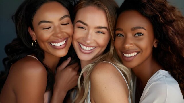 A close-up portrait features three beautiful women of diverse ethnicities, joyfully smiling. Their expressions exude happiness and confidence. They showcase different skin tones and hair textures.