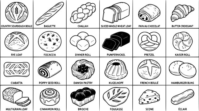Baguette Assortment Icons in Black and White Line Art, Wheat Bread Typography for Bakery Branding and Menu Design