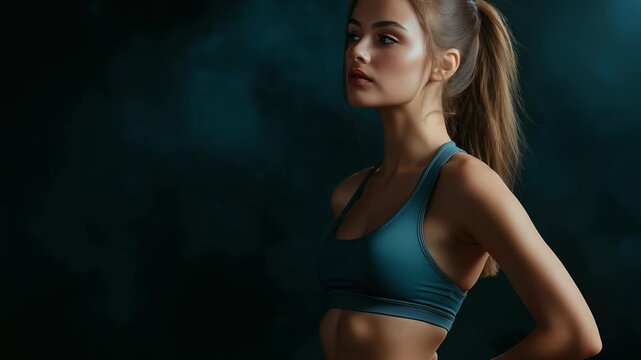 A fit and empowered woman, dressed in a trendy sports bra, stands with confidence against a stunning backdrop, embodying the essence of fitness, motivation, strength, and unwavering positivity