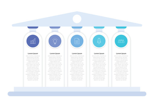 5 featuring pillar design infographics &ndash; a clean visual set of five colorful pillar-style templates that highlight key steps, values, or strategies, perfect for business presentations.