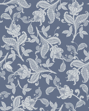 Seamless floral damask pattern with intricate leaf and vine motifs on dark background