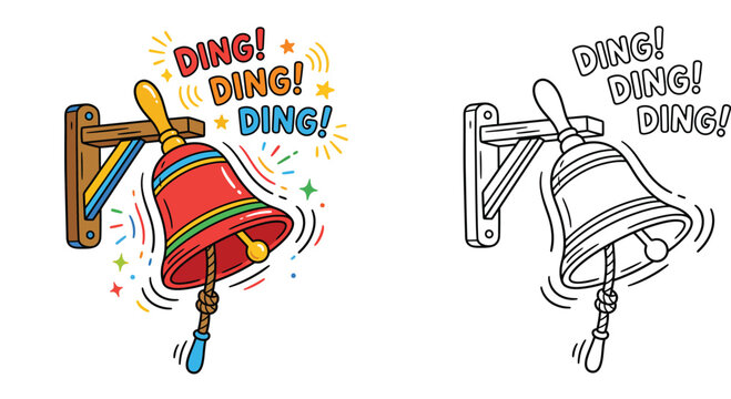 Cartoon Ringing School Bell with "Ding! Ding! Ding!" Text and Confetti