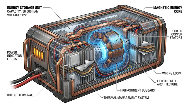 Cutaway illustration of a futuristic energy storage unit with magnetic core and detailed internal components concept for advanced technology and power generation