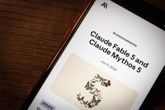 Mexico City, MEXICO - Jun 16 2026 : Close-up of a smartphone displaying the Anthropic announcement page for Claude Fable 5 and Claude Mythos 5, with a butterfly composition forming the number five.