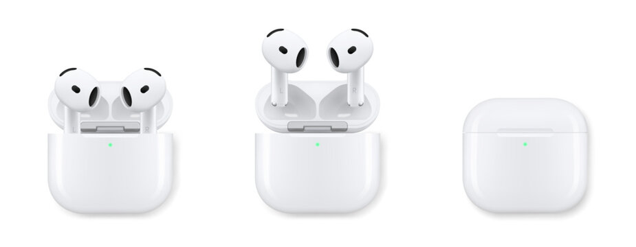 Photorealistic detailed Apple AirPods 4 with Active Noise Cancellation and charging case mockup. Front view isolated on white background with shadows. Vector editorial illustration