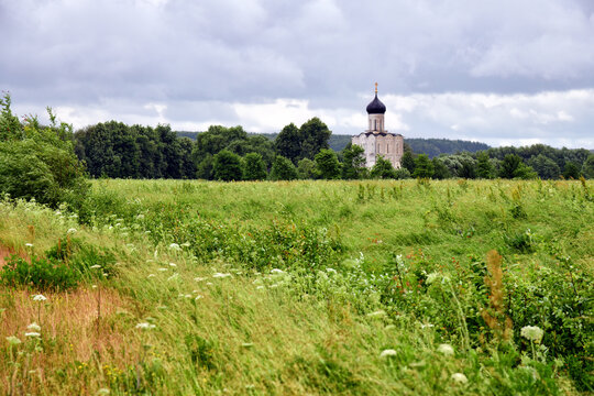 Russian scenery. Floodplain meadows and Church 12th century. of the Intercession on Nerl. Vladimir Region, Russia