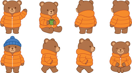 Cute Teddy Bear Character Turnaround Set Wearing Orange Puffer Jacket and Beanie for Game Assets, Animations, Children Illustration, and Sticker Designs © Ajad