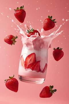 Strawberry cream splash frozen in motion with fresh strawberries and a floating dessert glass, surreal luxury beverage concept on a bold dopamine color background