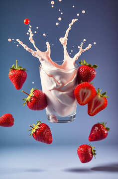 Strawberry cream splash frozen in motion with fresh strawberries and a floating dessert glass, surreal luxury beverage concept on a bold dopamine color background