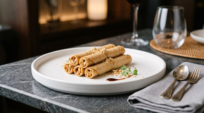 Elegant Filipino turrones de casoy dessert rolls plated with crushed cashews, sauce, and microgreens in a modern restaurant setting