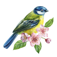Blue tit with pink cherry blossoms watercolor bird clipart for spring nursery decor and botanical greeting cards © Hanna