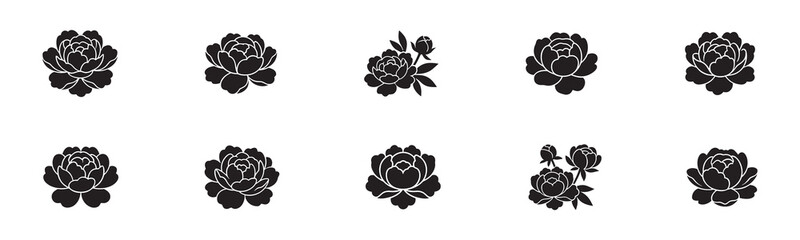 Peony icon set. Open blossom heads, buds and leaves symbols. Vector illustration. © Roberto_Caravelli