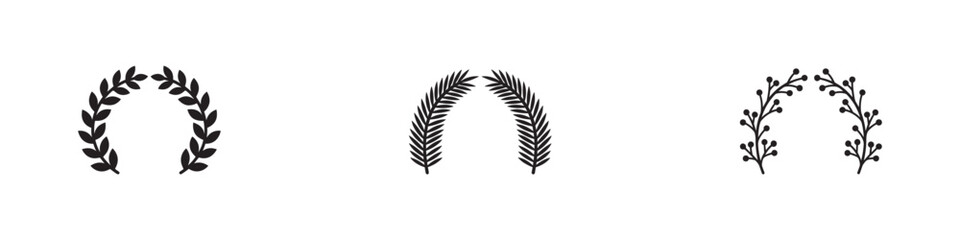 Laurel wreath and botanical branches icon set. Laurel, fern and berry twigs awards. Winner glory, success and organic logo concept. Vector illustration. © Roberto_Caravelli