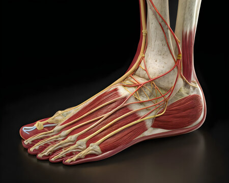 Human foot anatomy with bones and tendons