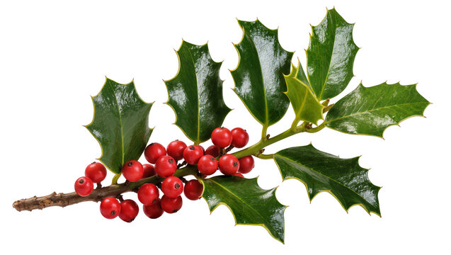 Holly branch with red berries and green spiky leaves