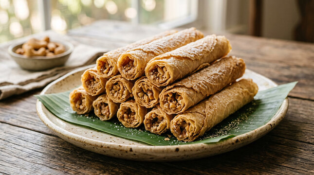 Stacked Filipino turrones de casoy rolls with cashew filling served on banana leaf and ceramic plate in warm rustic light