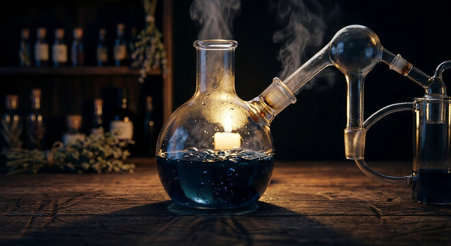 Antique Glass Alembic Distillation Apparatus Bubbling Blue Potion by Candlelight in an Apothecary