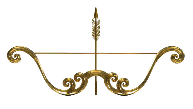 Ornate golden bow with arrow and decorative scrolls
