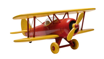 Red and yellow biplane toy with propeller and wheels © Ari