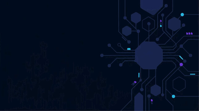 Abstract dark blue digital circuit board background with hexagonal network nodes for futuristic technology concepts