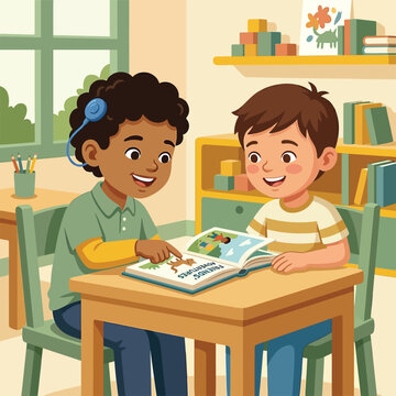 Deaf child reading lips classmate cochlear implant classroom friendship 3D vector cartoon illustration, hearing impairment inclusive education, golden yellow sage green warm cream design