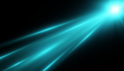Fototapeta premium Turquoise glowing sun with radiant light beams and soft lens flare on a dark background. Elegant abstract illumination effect with luminous atmosphere.
