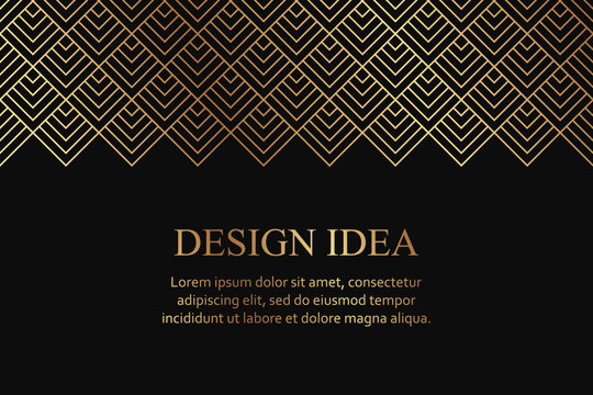 Modern geometric luxury black background for business or greeting card with golden rhombuses in art deco style.