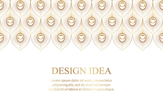 Modern geometric luxury white background for business or greeting card with golden peacock feathers.
