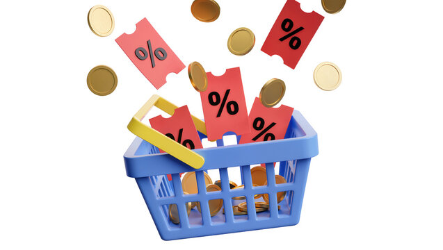 Blue shopping basket with gold coins and red discount coupons