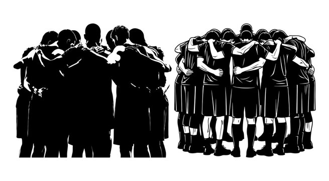 Group of people silhouette with arms linked black and white vector illustration