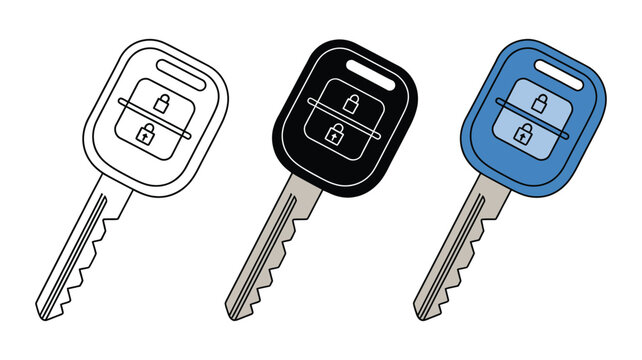 Car key icon set featuring minimalist, flat, outline, glyph, linear, clipart, and sticker styles for automotive, security, and vehicle access concepts.