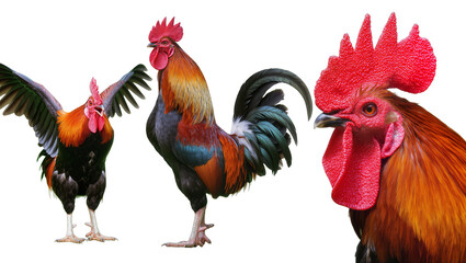 Three roosters with vibrant plumage and red combs © Ari
