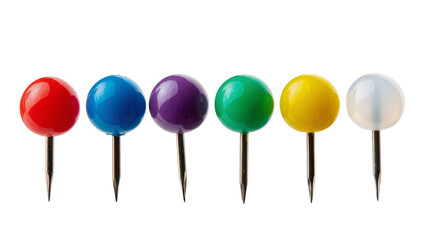 Obraz premium Six colorful push pins in a row red blue purple green yellow, and white