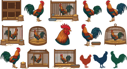 Rooster and Chicken Coop Vector Illustration Set with Cages Bird Silhouettes Feed Bags and Poultry Farming Graphics for Agriculture Designs © MstMinara