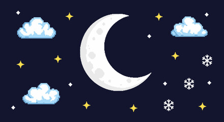 Fototapeta premium Pixel Art Night Sky with Crescent Moon, Clouds, Stars, and Snowflakes