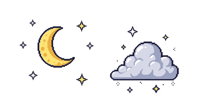 Pixel Art Moon and Cloud with Stars