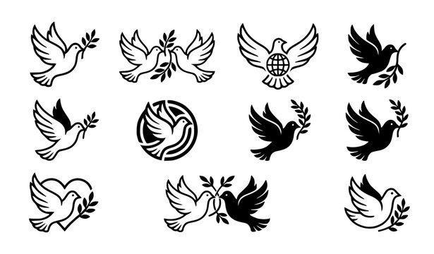 Peace Dove Symbol Icon Set Black and White Vector Collection
