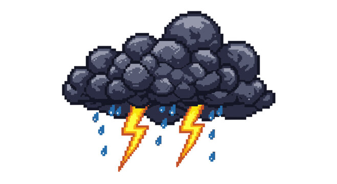 Pixel art storm cloud with lightning and rain, retro game style