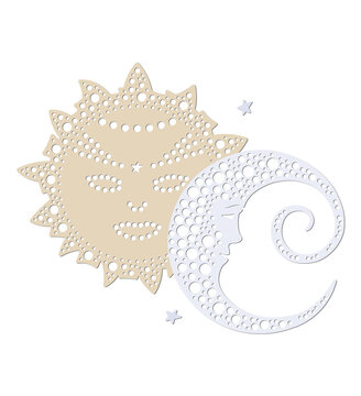 Illustrazione decorativa di sole e luna intrecciati in oro e argento