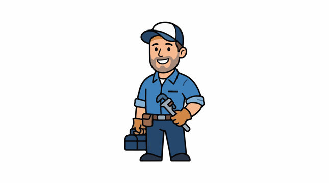 A cartoon man in a blue uniform holding a wrench and tool box