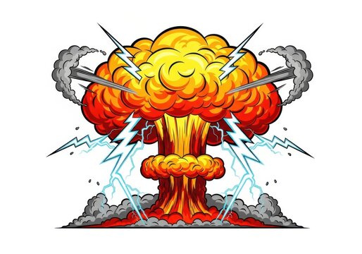 Explosive mushroom cloud with lightning isolated on white background