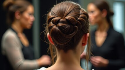 Fototapeta premium Hairstylist creating elaborate braided updo with gold pins, strands weaving precisely, soft studio bokeh mirror reflection